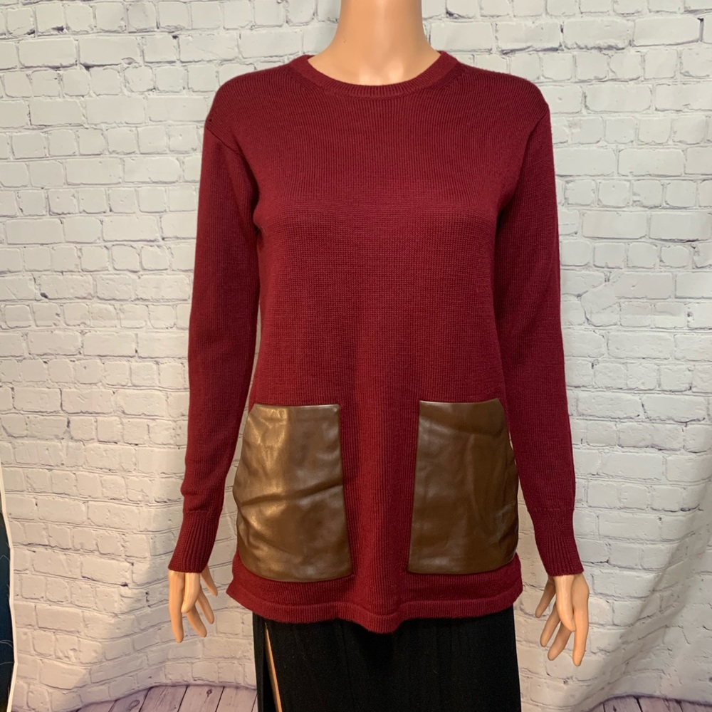 J Crew sweater NWT with faux leather detail burgundy red and tan size xxs